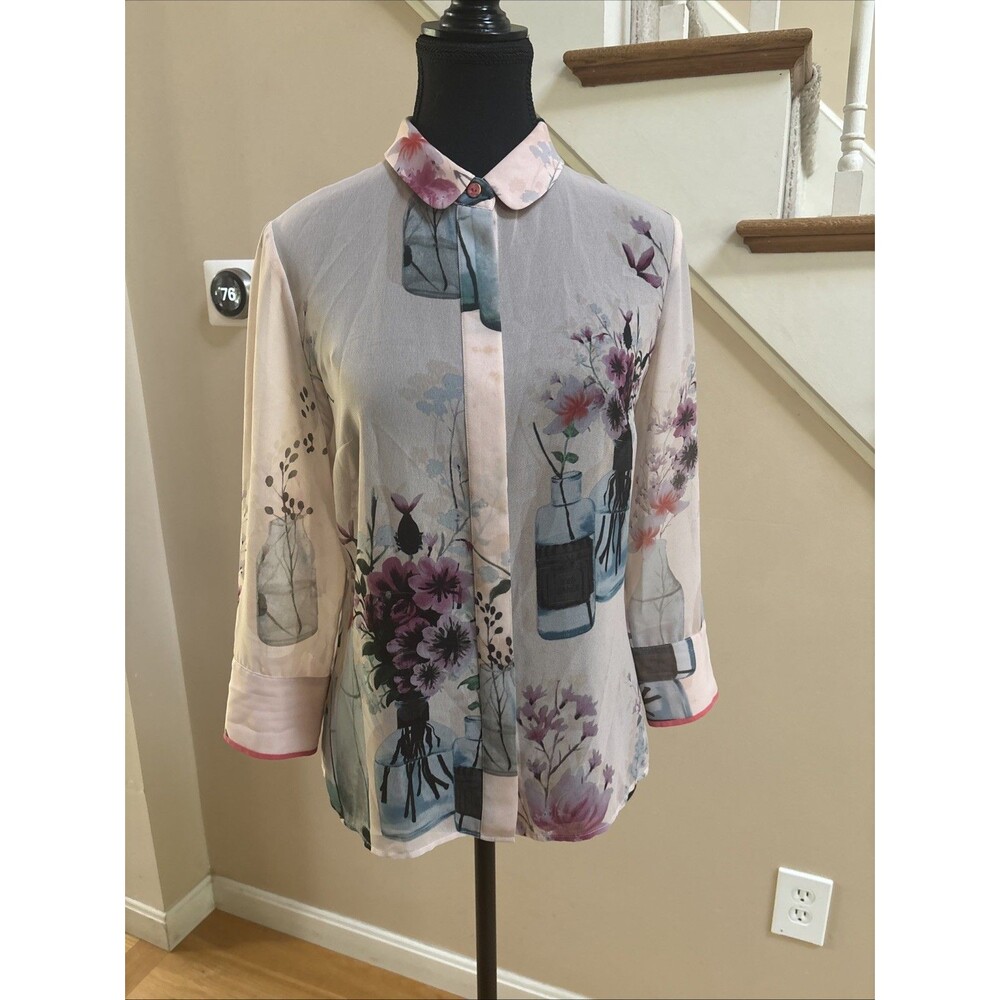 Ted Baker Women’s London Silk Blend Sheer Watercolor Floral Blouse Size 1